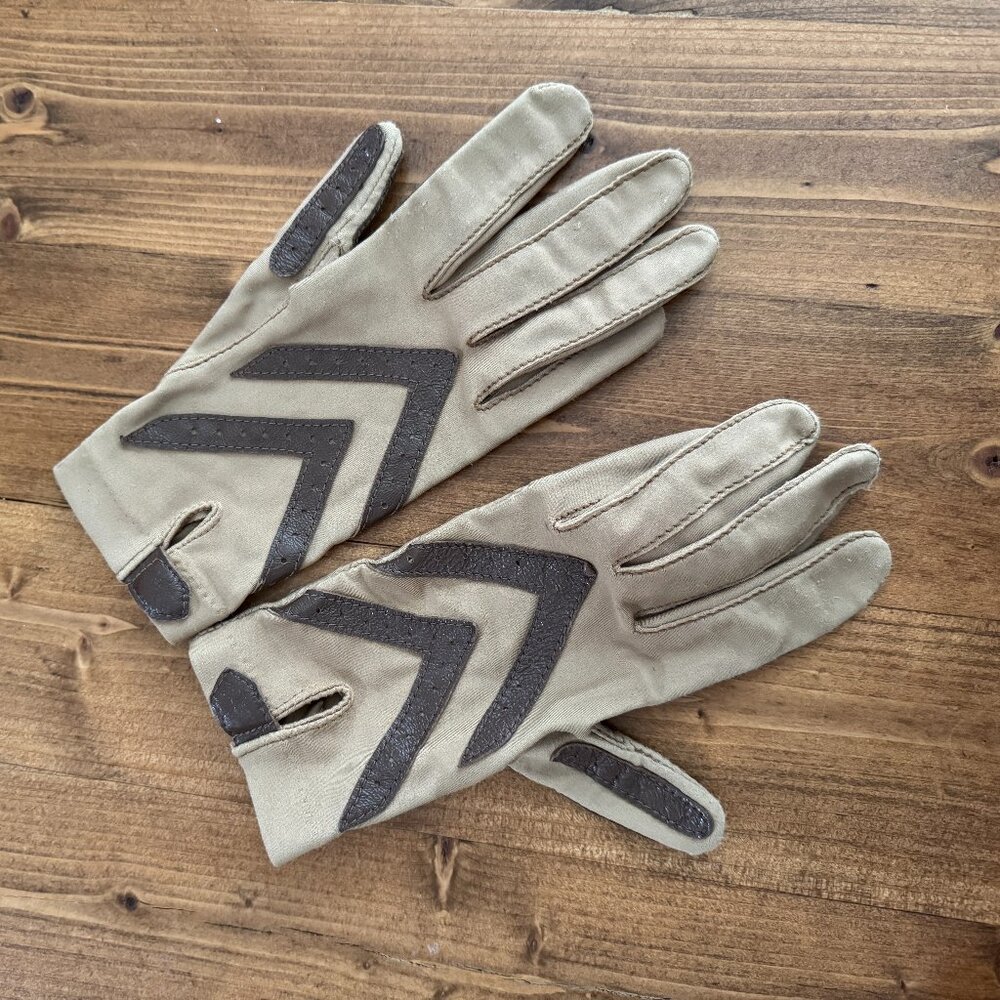 Vintage Aris Isotoner Brown Camel Fleece Lined Gloves Suede Tan Trim Warm Ups